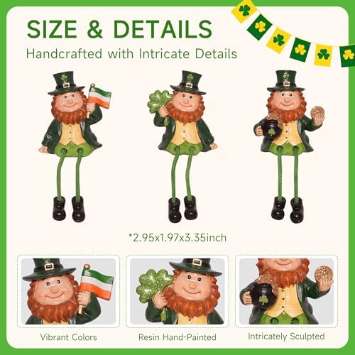 St Patricks Day Decorations Leprechaun Gnomes Small Figurine wit Gold Coins/Luck Shamrock/Irish Flag, St. Patrick's Day Gifts Resin Ornaments Statue for Party Home Table Decoration