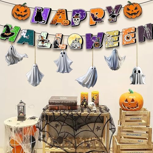 6 Pcs Halloween Hanging Ornaments for Tree Cute White Little Ghost Designs Halloween Spooky Acrylic Pendants Cartoon Ghost Hanging Ornaments Decorative for Holiday Party Craft Supplies