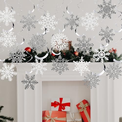 Snowflake Decorations, Christmas Hanging Decor, White Silver, 48-Pc