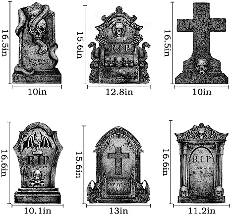 Halloween Decorations Outdoor Graveyard Tombstones: 6ct Large Tombstone Halloween Decor Yard Signs with Stakes, 16" Realistic Scary Skeleton RIP Cemetery Gravestones for Yard Lawn Outside Home Party