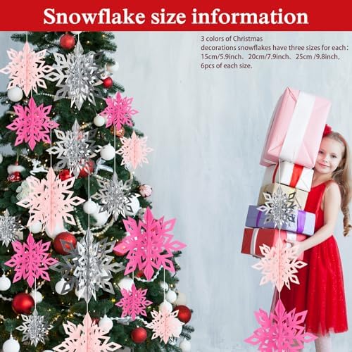 Whaline 18 Pcs Christmas Hanging Decorations 3D Pink Silver Snowflake Hanging Ornaments with String Glittery Large Snowflake Pendant Garlands for Xmas Winter Wonderland Party Home Ceiling Decor