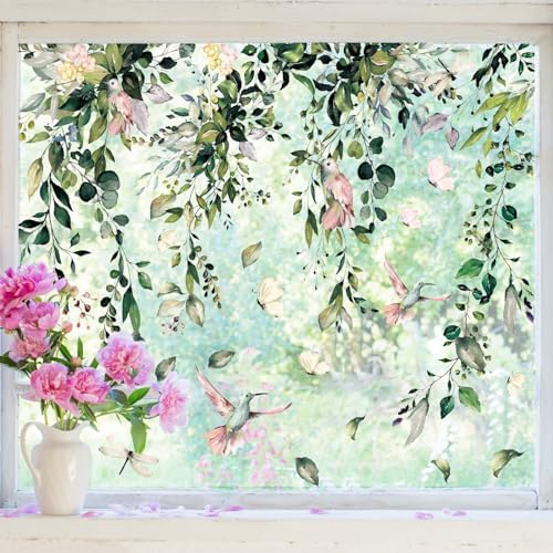 Whaline 9 Sheets Summer Flower Window Cling, Hanging Vine Floral Leaves