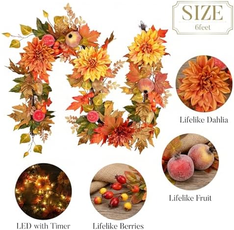 Valery Madelyn 6ft Pre-Lit Fruits & Dahlia Fall Garland for Mantel
