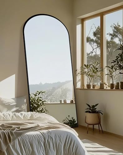 Delma Arched Full Length Mirror with Stand, 75x35 Black Floor Mirror