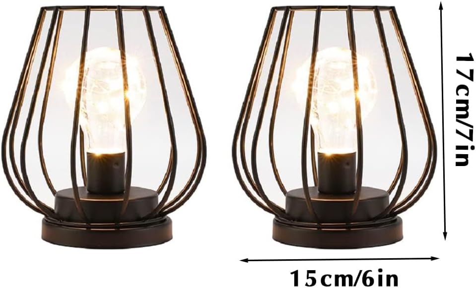 TRIROCKS Set of 2 Metal Battery Operated Lamp 7'' Tall mini Cage Shape Cordless Table Lamp Battery Lanterns with Warm