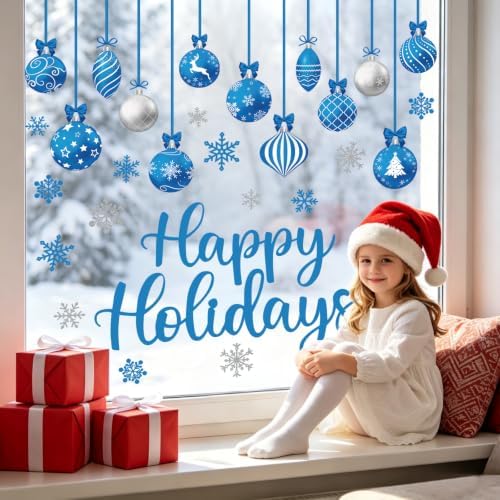 Blue Merry Christmas Window Clings Decorations Xmas Ball Cling Set 6 Sheets