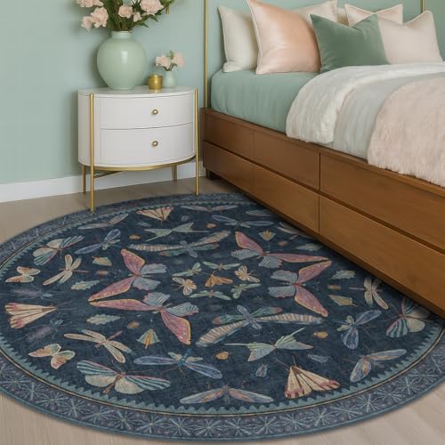 Dark Blue Vintage Playroom Round Rug 6ft, Washable Soft Area Rug for Entryway, Living Room & Kitchen, Stain Resistant