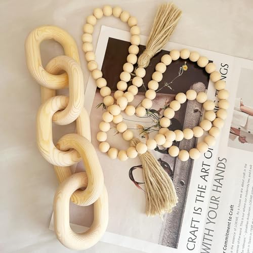 Decorative 5 Link Wooden Chain Decor and Bead Boho Farmhouse Rustic Home Table / Natural / Set of 2