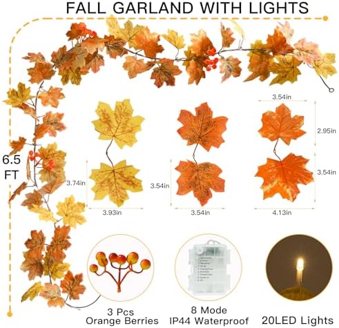 suddus 20 LED Fall Leaves Garland with Lights Battery Operated Timer Yellow