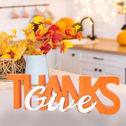 COCHIE Wooden Thanksgiving Give Thanks Sign, Fall Decorations for Home, Office, Shelf, Mantel, Indoor, Wood Thanksgiving Decor, Autumn Table Top Party Decoration (Give Thanks)