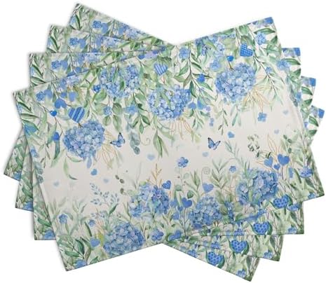 Hydrangea Spring Summer Placemats Set of 4 Sage Green Eucalyptus Leaves Blue Floral Butterfly Placemat 12x18 Inch Seasonal Holiday Table Place Mats for Farmhouse Kitchen Dining Decor