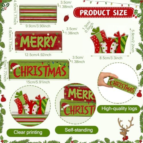 Lineshading 4 Pcs Christmas Table Decor - Red Green Gift Box Wooden Blocks
