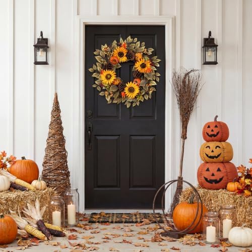 Pinkpum 20" Fall Wreath Front Door Pumpkin Sunflower Pine Cones Wall Decor