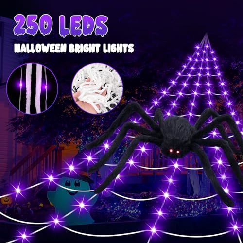 Halloween Decorations 16.4Ft Spider Web with LED Lights & 59" Giant Spider
