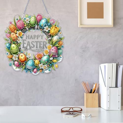 VODAPYC Easter Wreath Diamond Art Hanging Kits for Adults, DIY Double Sided Partial Special Shaped Diamond Art Window Pendant Ornament(Happy Easter Wreath)