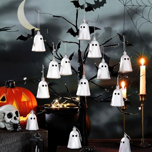 Tigeen 24 Pcs Halloween Tree Ornaments Cute Ghost Tree Decorations White Plastic Halloween Hanging Decoration Decorative Mini Ghost for Home Party Supplies