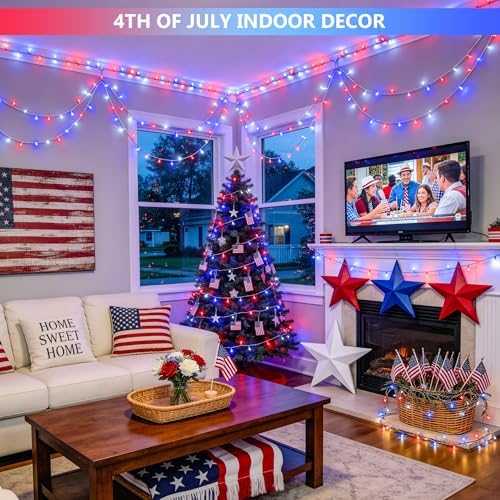 JMEXSUSS 2 Pack Red White and Blue Lights, 4th of July Lights Outdoor