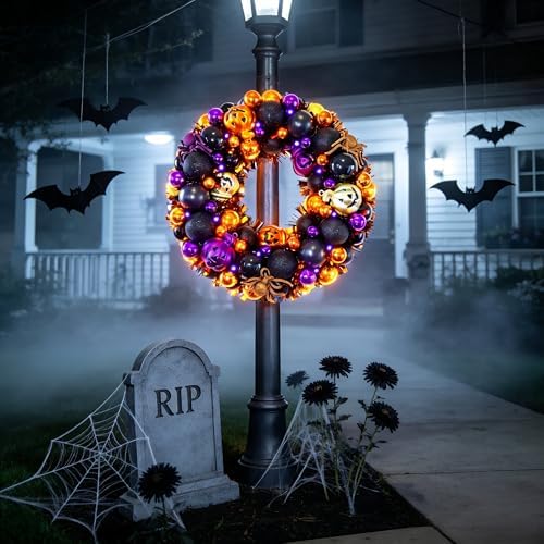 HipTree 13.8 Inch Halloween Ball Wreath for Front Door with Lights