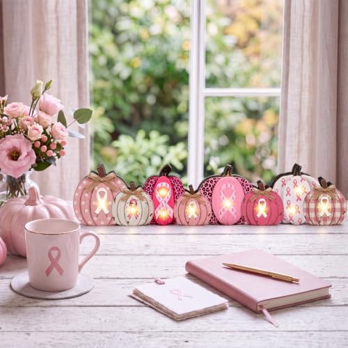 Yousoontic Breast Cancer Awareness Table Decorations, Light up 3D Wooden Pumpkin Table Centerpiece, LED Pink Ribbon Pumpkin Decor, Rustic Farmhouse Sign for Pink October Fall Mantel Desk Home Party