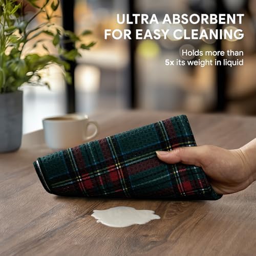 RECYCO Christmas Waffle Kitchen Towel Set of 2 - Quick Dry Microfiber Sustainable Dish Towels - Ultra Absorbent Reusable Cleaning Tea Towels - Lightweight Hand Towels,16”x 28”, Stewart Plaid Green