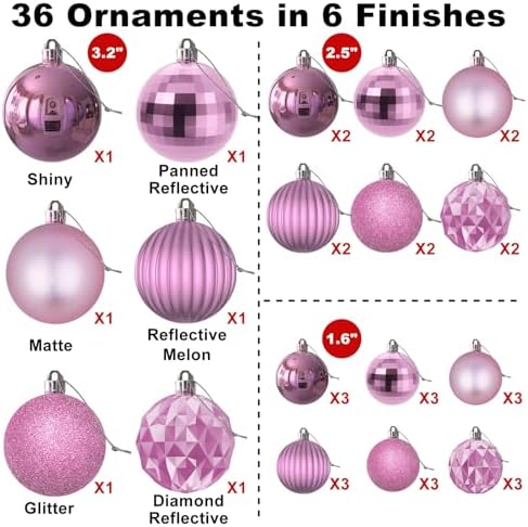Bubblegun Pink Christmas Ornaments - Christmas Tree Decorations Shatterproof Hanging Balls for Birthday Wedding Holiday Decor Set of 36pcs, Multi-Sizes(1.6",2.5",3.2")