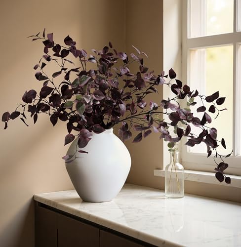 HyeFlora 5PCS Artificial Fall Eucalyptus Leaves Stem Plants, 32.7 inch Fake Leaves Autumn Greenery Branches Burgundy