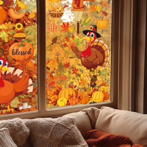 Fall Thanksgiving Window Clings 6 Sheets, Large Turkey Fall Leaves Reusable Window Decals Stickers for Home Autumn Thanksgiving Party Decorations Supplies (Turkey)