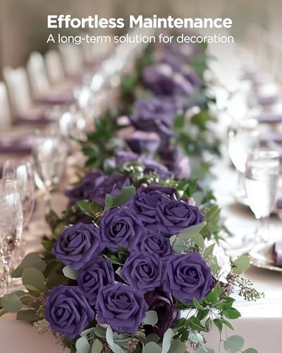 InnoGear Fake Roses 50 Pcs Dusty Purple Flowers Artificial Faux Foam Floral