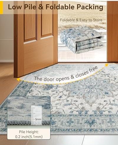 RELEANY Washable Area Rug, 6'x8', Blue/White/Gray