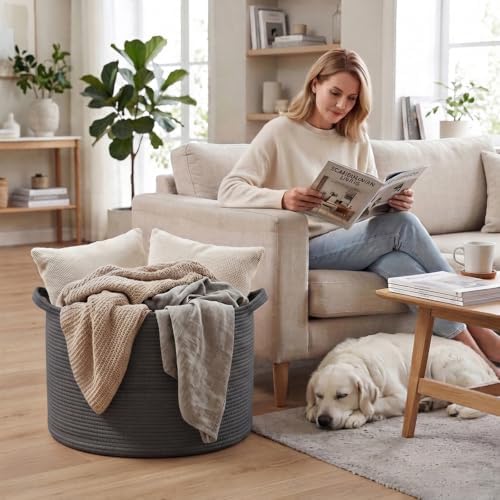 115L Extra Large Blanket Basket,Woven Rope Laundry Basket-Dark Grey