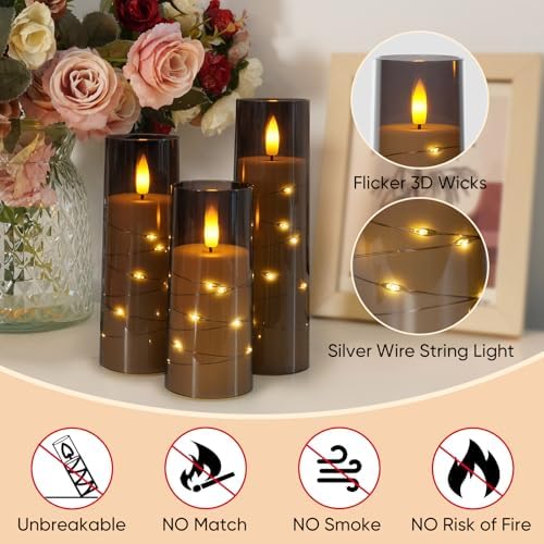 Raycare Flameless Battery Operated Pillar Candles with Remote Timer, Grey