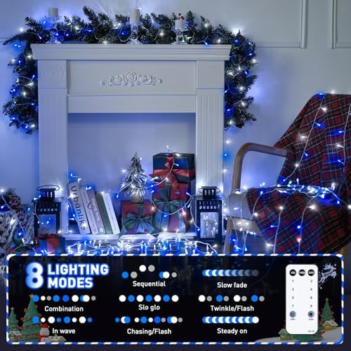 JMEXSUSS Connectable 100 LED Blue and White Christmas Lights with 8 Modes