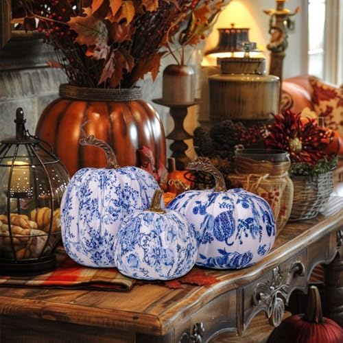 GnFlus Fake Pumpkin Decor 3 Pcs Faux Pumpkins Small Blue and White Velvet Pumpkins Mini Artificial Pumpkin Fall Decorations for Home Table Farmhouse Mantel Halloween Thanksgiving