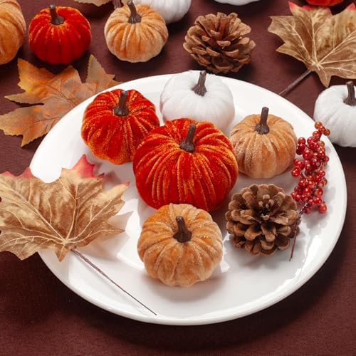 21 PCS Fall Artificial Velvet Pumpkins Set, Fake Fabric Pumpkin Faux Foam Pumpkins, Orange Khaki White Pumpkin Decorations for Fall Harvest Thanksgiving Farmhouse Mantel Centerpiece
