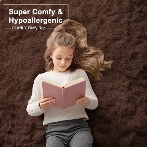 OLANLY 7x10 Machine Washable Large Area Rugs for Living Room, Bedroom, Soft Fluffy Shaggy Bedside Rug, Indoor Floor