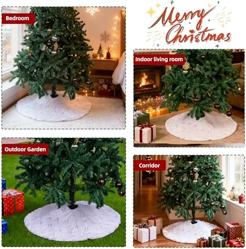Christmas Tree Skirt White, 36 Inch Large Soft Plush Xmas Tree Skirts, Double Layer Luxury Tree Skirt w/Silver Snowflake Sequin, Christmas Trees Decoration for Holiday Party Indoor Party Home Decor