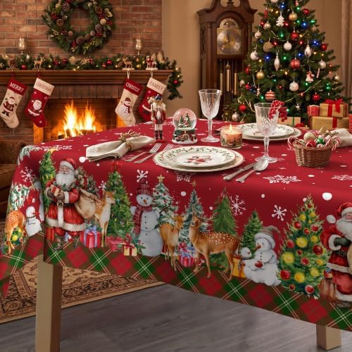 Christmas Tablecloth 52x70 Inch, Santa Claus & Snowman Water Resistant Rectangular Table Cover, Farmhouse Winter Holiday Table Decor for Xmas Dinner Party Kitchen Home