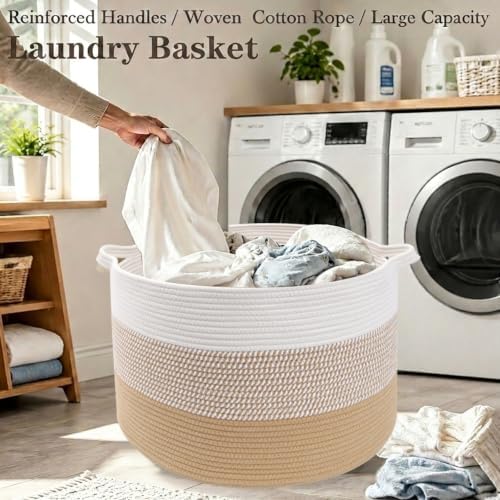 65L Large Blanket Basket, Cotton Rope Woven Laundry Basket-Yellow