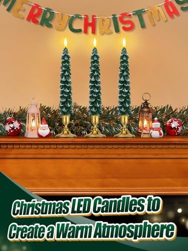 3 Pack Christmas Tree Candles with Remote- Real Wax Flameless Taper Candles, 9.7in Green Candlesticks Battery Operated for Home Table Metal Xmas Holiday Indoor Decorations Gifts