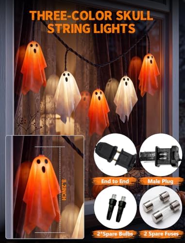 8.5FT 10 LED Halloween Orange and White Fabric Ghost String Lights Outdoor