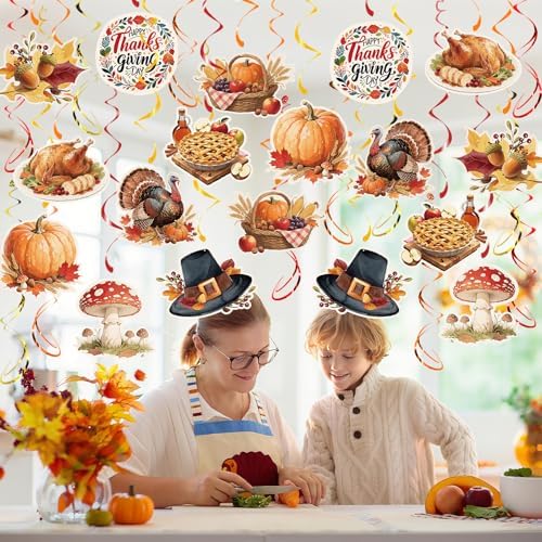 Thanksgiving Hanging Swirls, 48Pcs Thanksgiving Ceiling Hanging Decorations Turkey Pumpkin Swirls Streamers for Indoor Outdoor Party Supplies