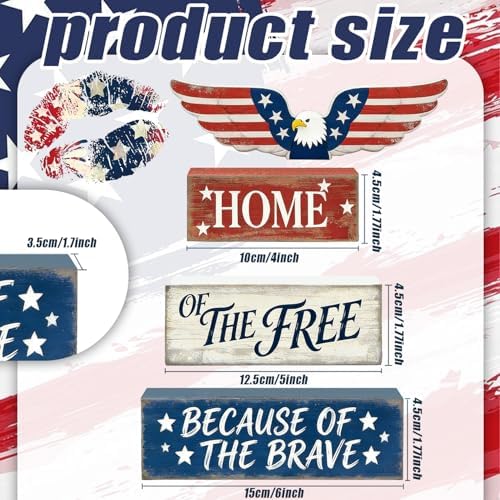 4th of July Table Decorations Patriotic Memorial Day Tiered Tray Decor Wooden Eagle Block Signs Independence Farmhouse 250th July Fouth Centerpiece for Tables Wooden Sign for Home Decor