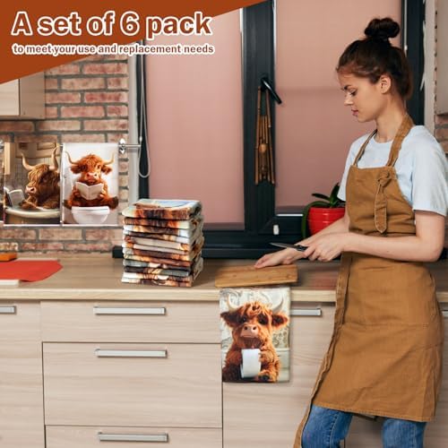 Redbaker 6 Highland Cow Kitchen Towels with Hanging Loop