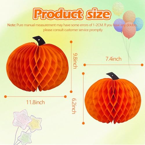 3 Pcs Paper Pumpkin Honeycomb Centerpieces for Tables, 3D Paper Hanging Pumpkin Party Decorations for Thanksgiving Fall Festival Party Supplies