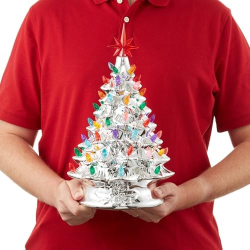 Casafield Hand Painted Ceramic Christmas Tree, Silver 15-Inch Pre-Lit Tree with 128 Multi Color Lights and 2 Star Toppers