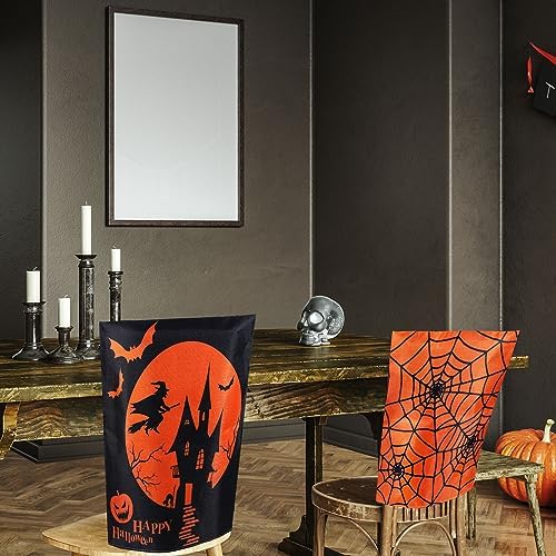 Whaline 4 Pack Happy Halloween Chair Covers Spooky Chair Back Covers Halloween Ghost Witch Bat Dining Room Seat Covers Orange Black Chair Slipcovers for Home Dining Room Kitchen Halloween Party