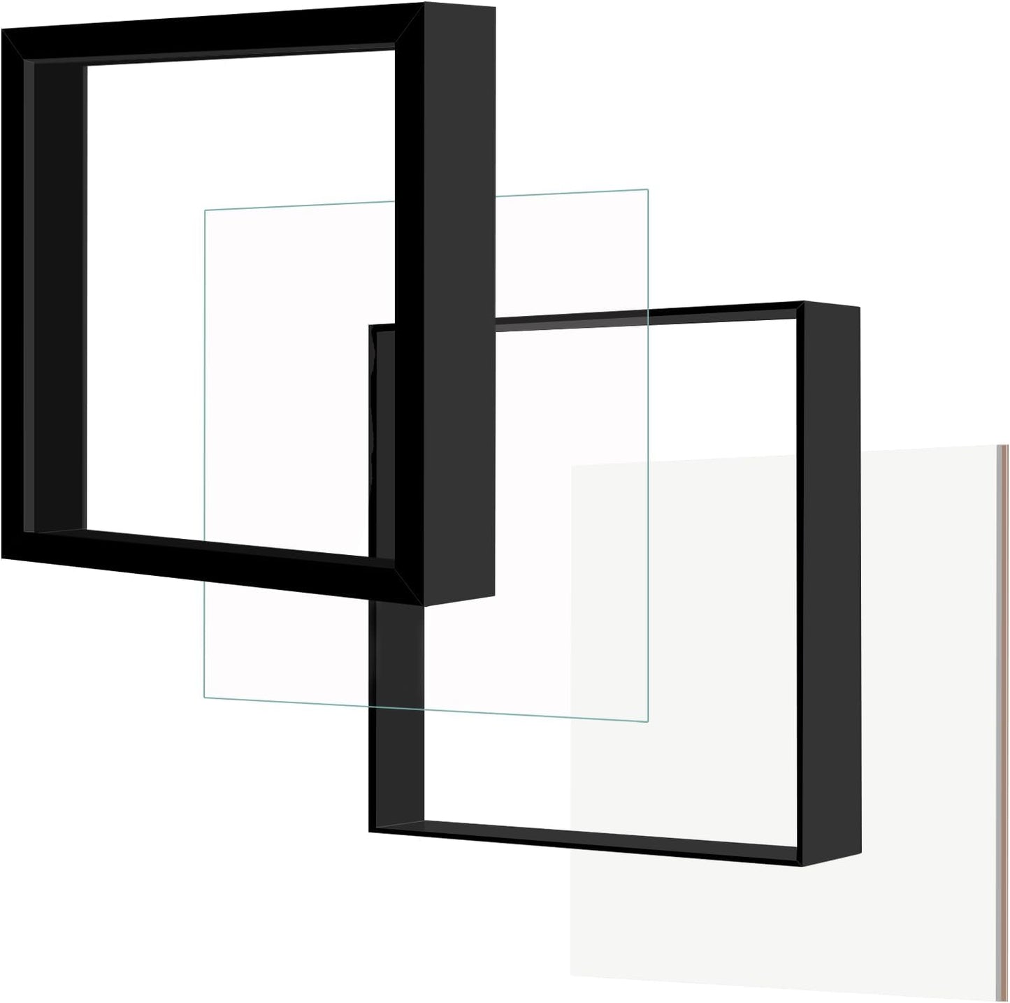 12x12 Black Wooden Shadow Box Frame, 1.2" Deep, Tempered Glass | Black Backboard, Tabletop & Vertical/Horizontal Wall