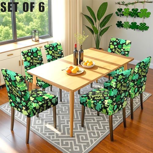 St Patricks Day Chair Covers Set of 6,Lucky Shamrock Chairs Slipcover for Dining Room, Removable Washable Breathable Cover in the Kitchen Restaurant Holiday Decor