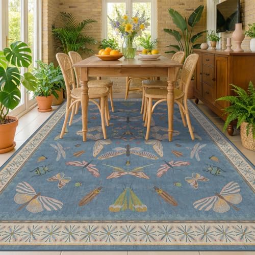 Washable 7x9 Area Rug for Living Room, Dusty Blue Modern Boho Carpet for Bedroom Under Bed, Dining Room Under Kitchen