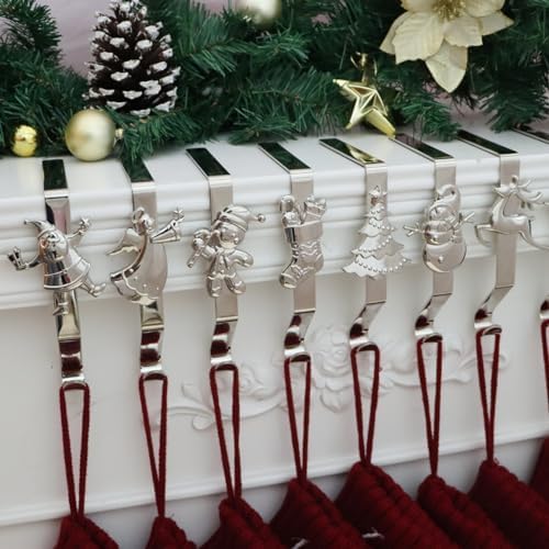 Christmas Stocking Holder for Mantle Set of 7, Reusable Christmas Stocking Hooks, No-Damage Xmas Hanger for Fireplace mantle Grip Stand Christmas Decoration Ornaments Hanging Sliver Shelf Floor